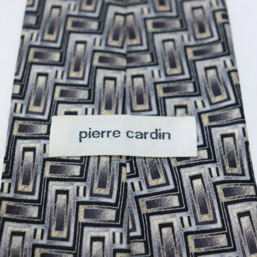 Vintage Pierre Cardin Tie Mens 60 in Silk Black White Gray Geo Stairs Wide